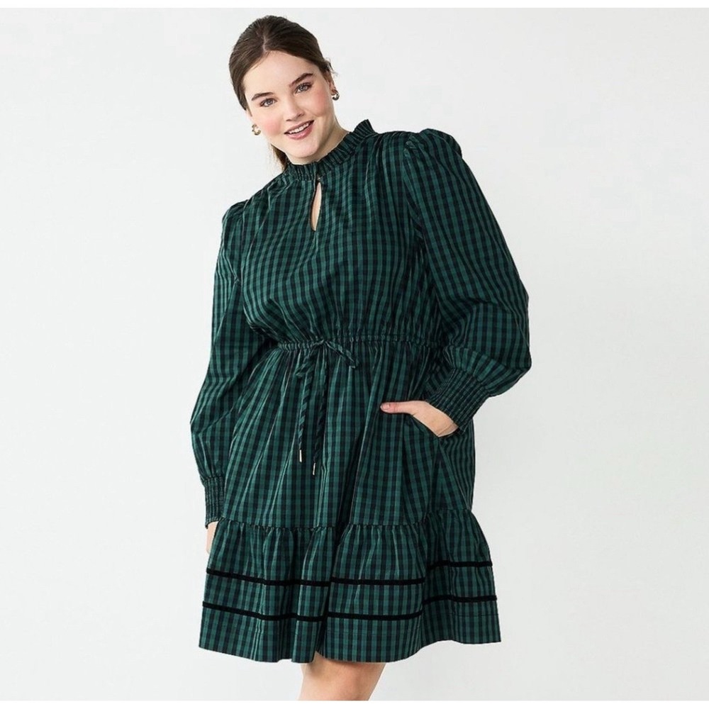 Draper James RSVP Green Black Gingham Dress Sz 2X Long Sleeve‎ Ruffle Midi Dress
